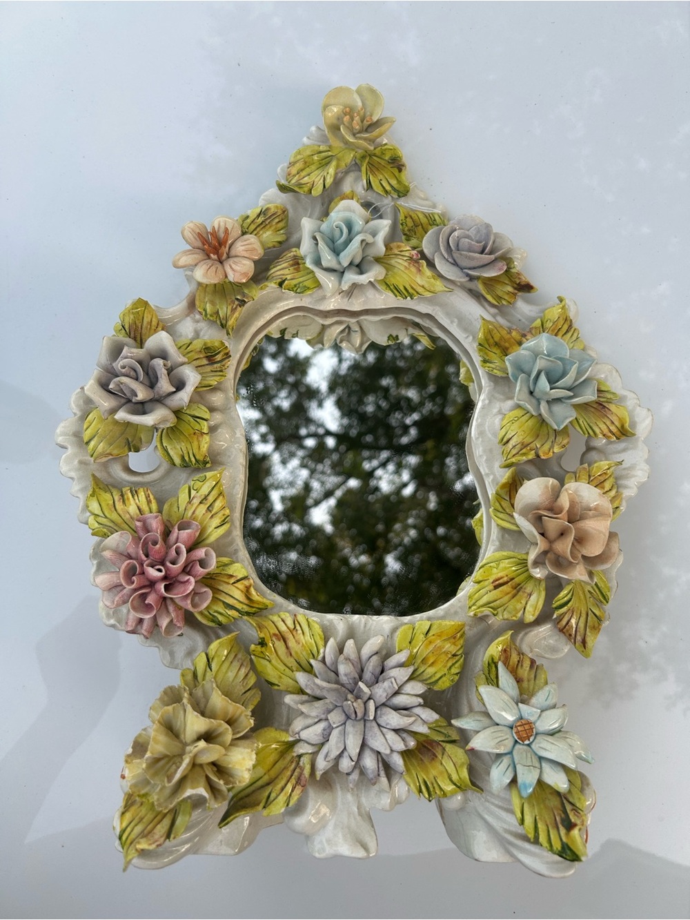 Midcentury Italian Signed Hand Made Painted Capodimonte Vanity Mirror Dated 1979